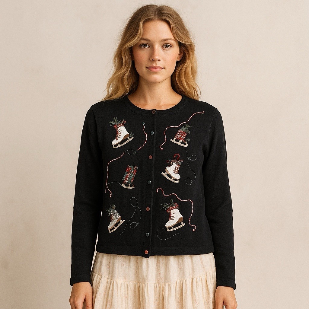 Vintage Christmas Cardigan Black Holiday Sweater Women's L Embroidered Ice Skate